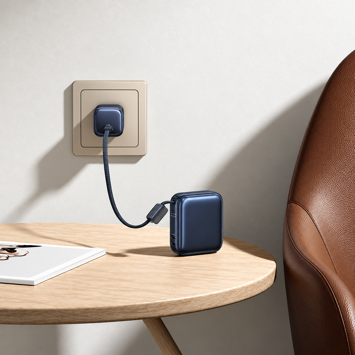 Ultra Mini 10000Mah 45W Power Bank With Built-In Charging Cable Blue