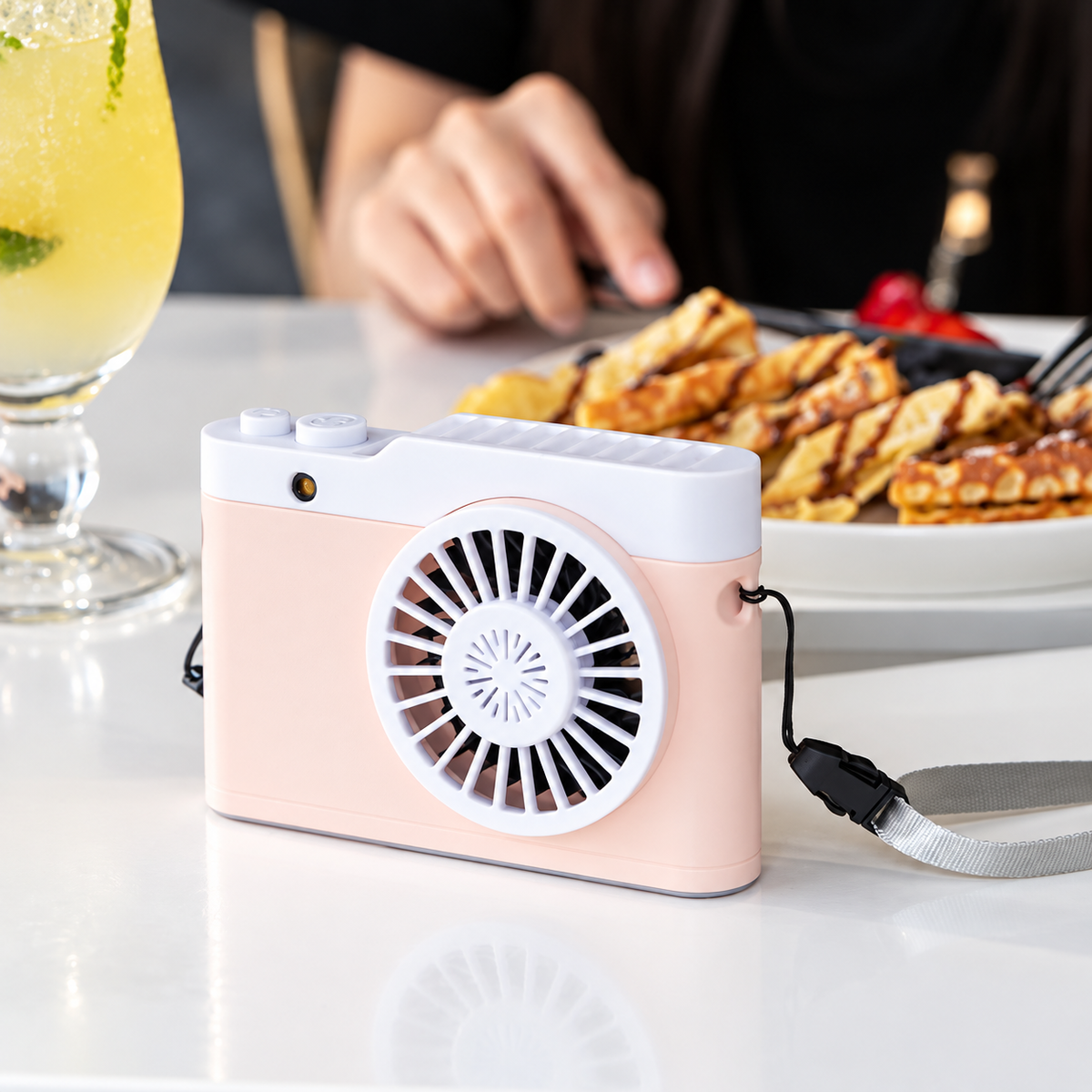 Pink Camera Shaped Portable Neck Fan Usb Rechargeable Mini Cooling Fan