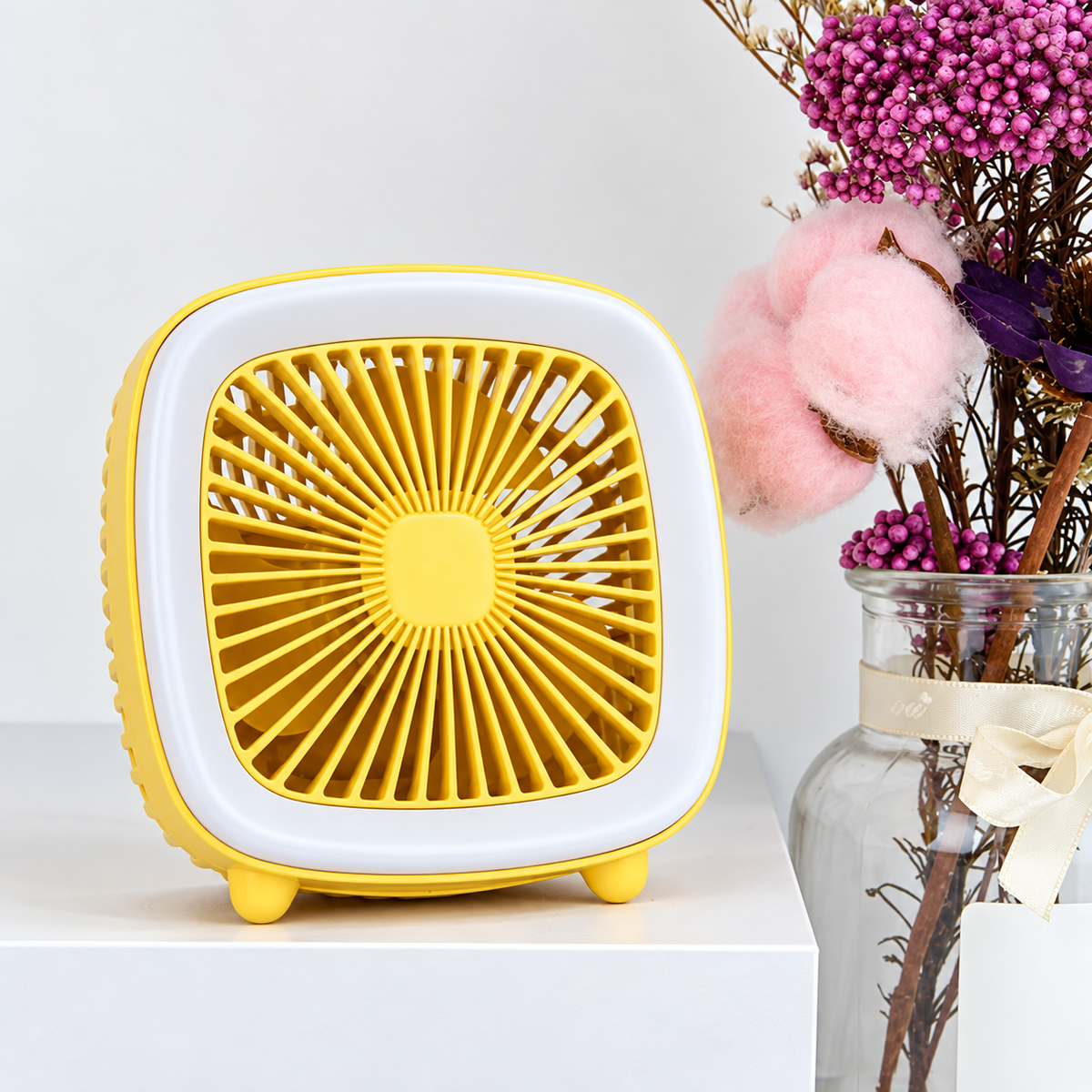 Yellow Usb Rechargeable Mini Desktop Fan With Adjustable Wind And Night Light